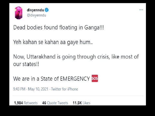 दिव्येंदु शर्मा ने लिखा है कि शवों को गंंगा में तैरते हुए पाया दिव्येंदु शर्मा ने लिखा है कि शवों को गंंगा में तैरते हुए पाया